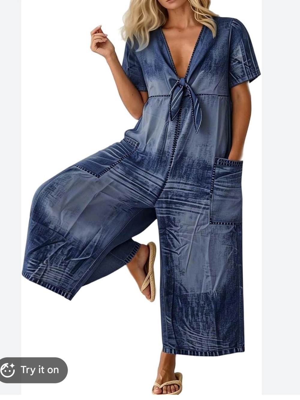 Casual Blue Tie-Front Jumpsuit